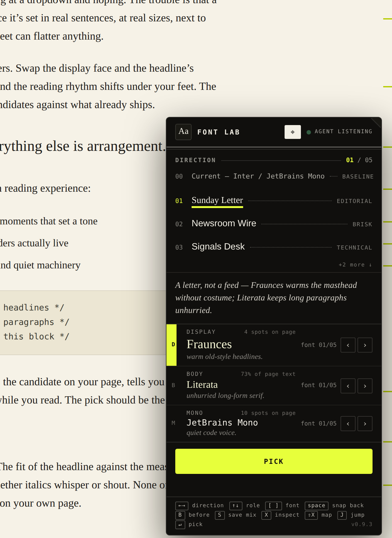 The Font Lab panel open over a live page — five font directions, per-role specimens with live coverage stats, and the yellow PICK button