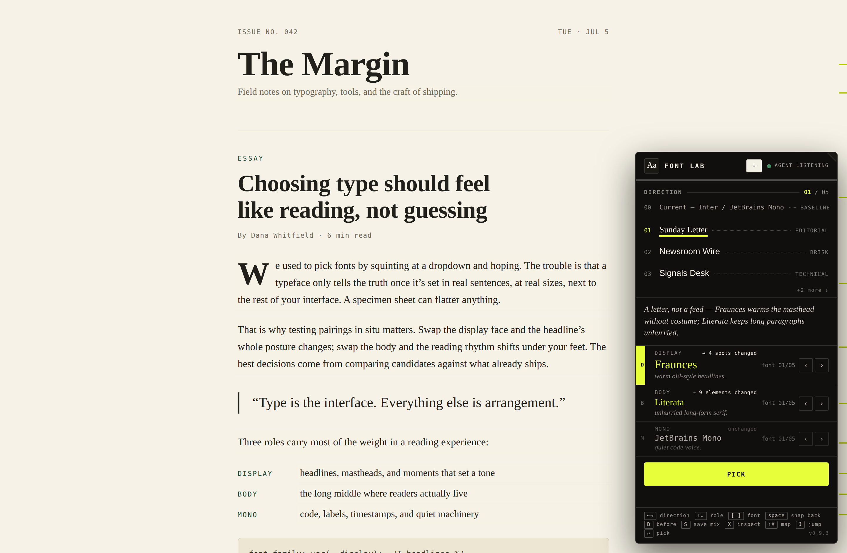 The Font Lab panel open over a live site, showing five font directions, per-role specimens, and a yellow PICK button