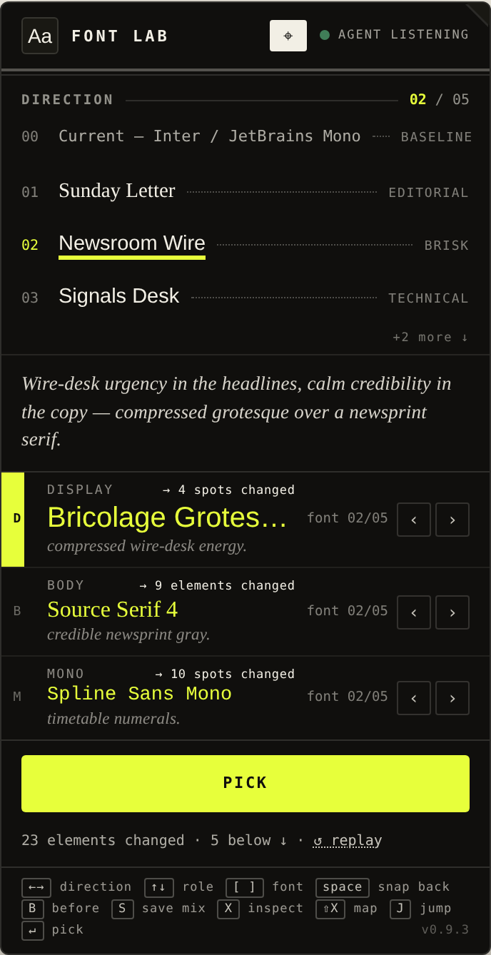 The panel after a flip: each role row reports spots changed, and the status line reads 23 elements changed